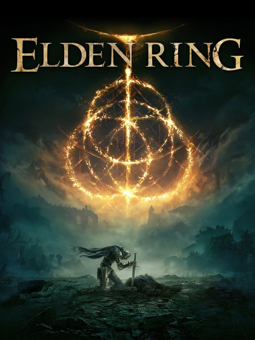 Elden Ring cover art showing a large glowing rune above a knight kneeling, sword shoved into the ground.