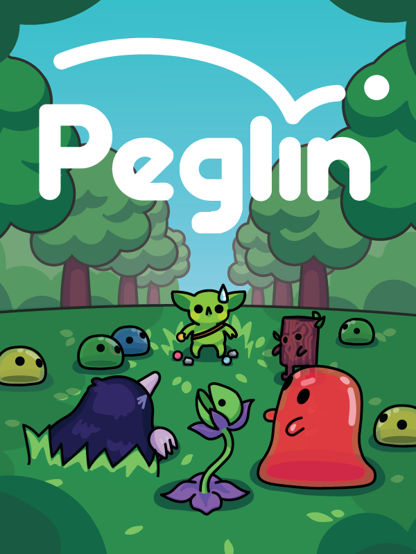 Peglin cover art. A small goblin stands in a forest full of small creatures. He looks worried.