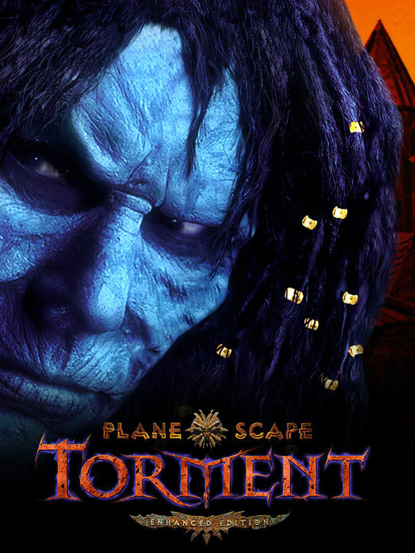 Planescape Torment cover, showing a strange man with a wrinkly blue face and dreadlocks.