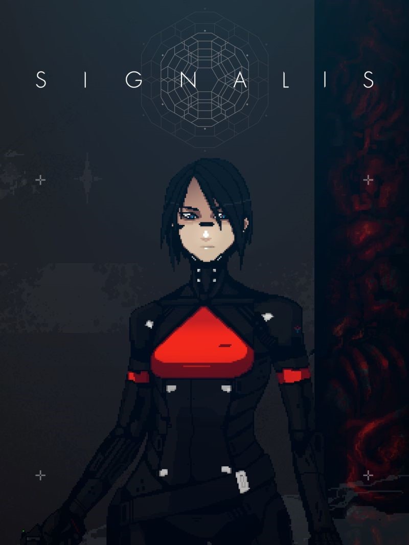 Signalis cover art, showing a pixel art woman wearing black body armor.