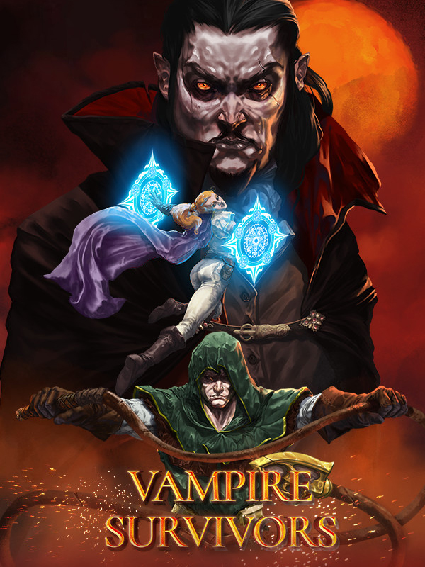 Vampire Survivors game cover, showing a large vampire looming over a group of heroes.